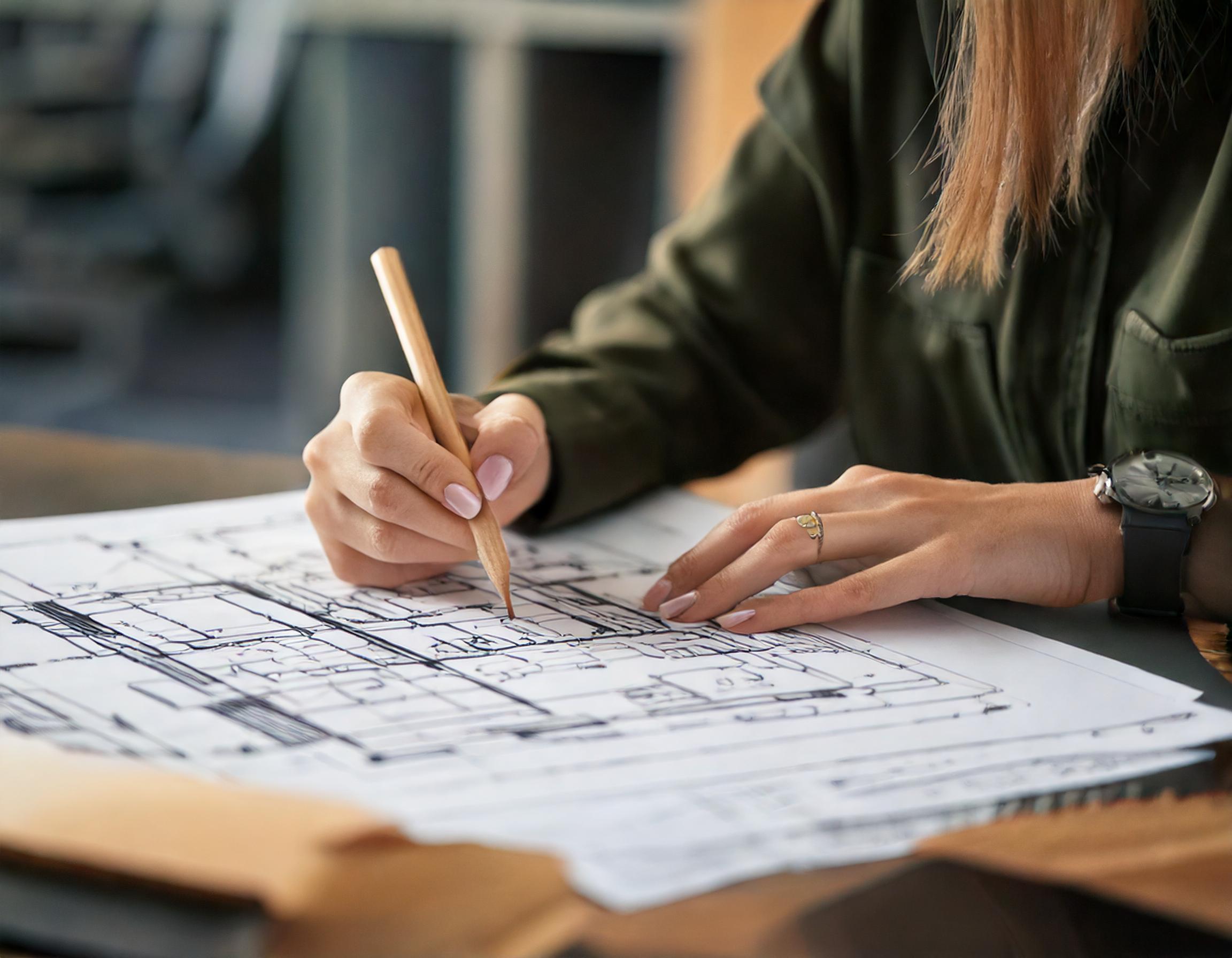 close up of an architect sketching on a paper with pencil at the office